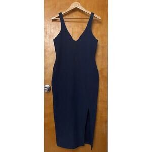 Beyond Yoga Inspire Spacedye Midi Dress Navy Blue Built In Bra Slit V Neck Sz M